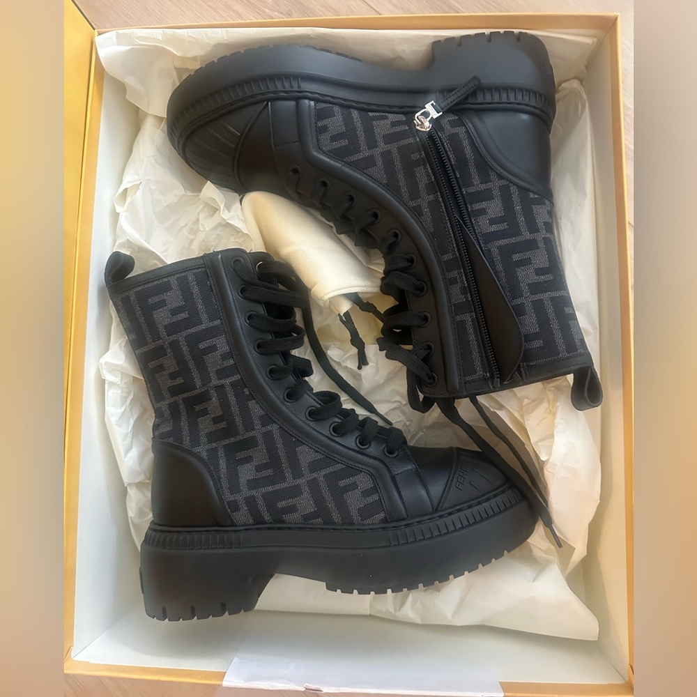 Fendi Black and Gray Logo Lace-Up Boots